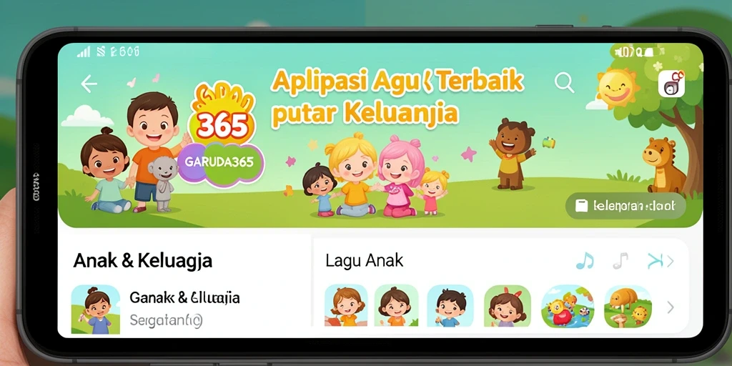 Antarmuka GARUDA365 menampilkan berbagai lagu anak yang ceria.